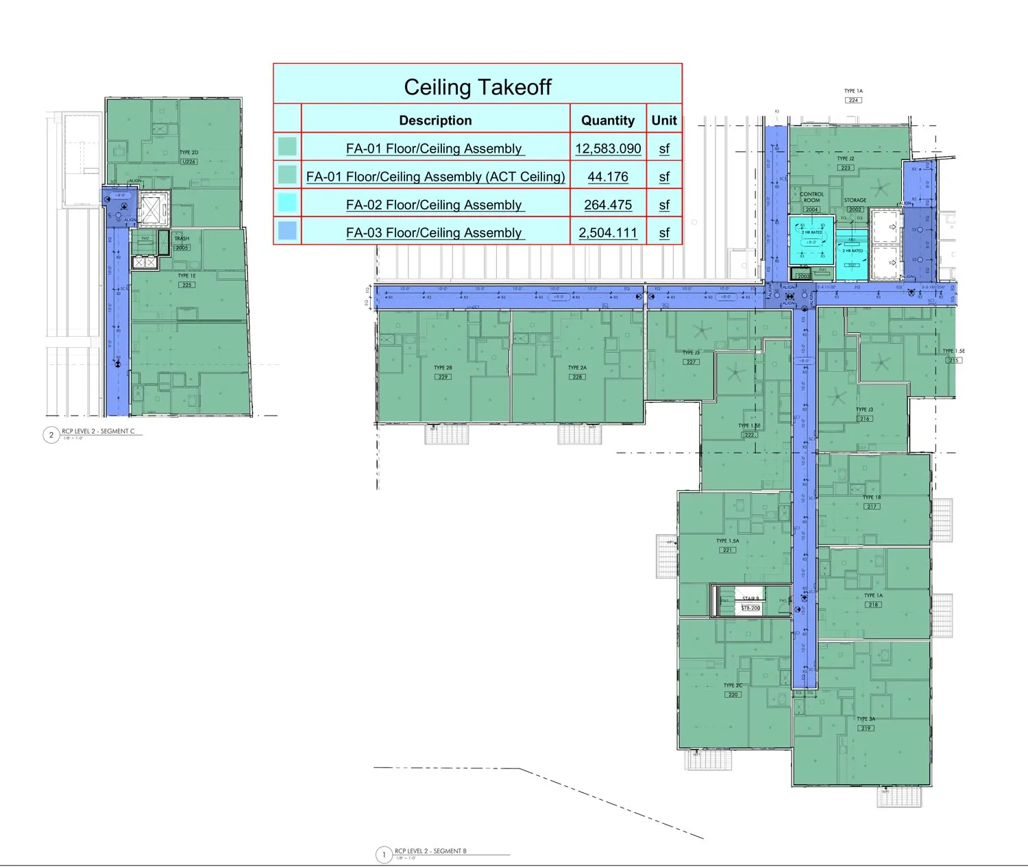 Real ceiling takeoff markup: reflected ceiling plan measured in color-coded layers, quantity table computed li