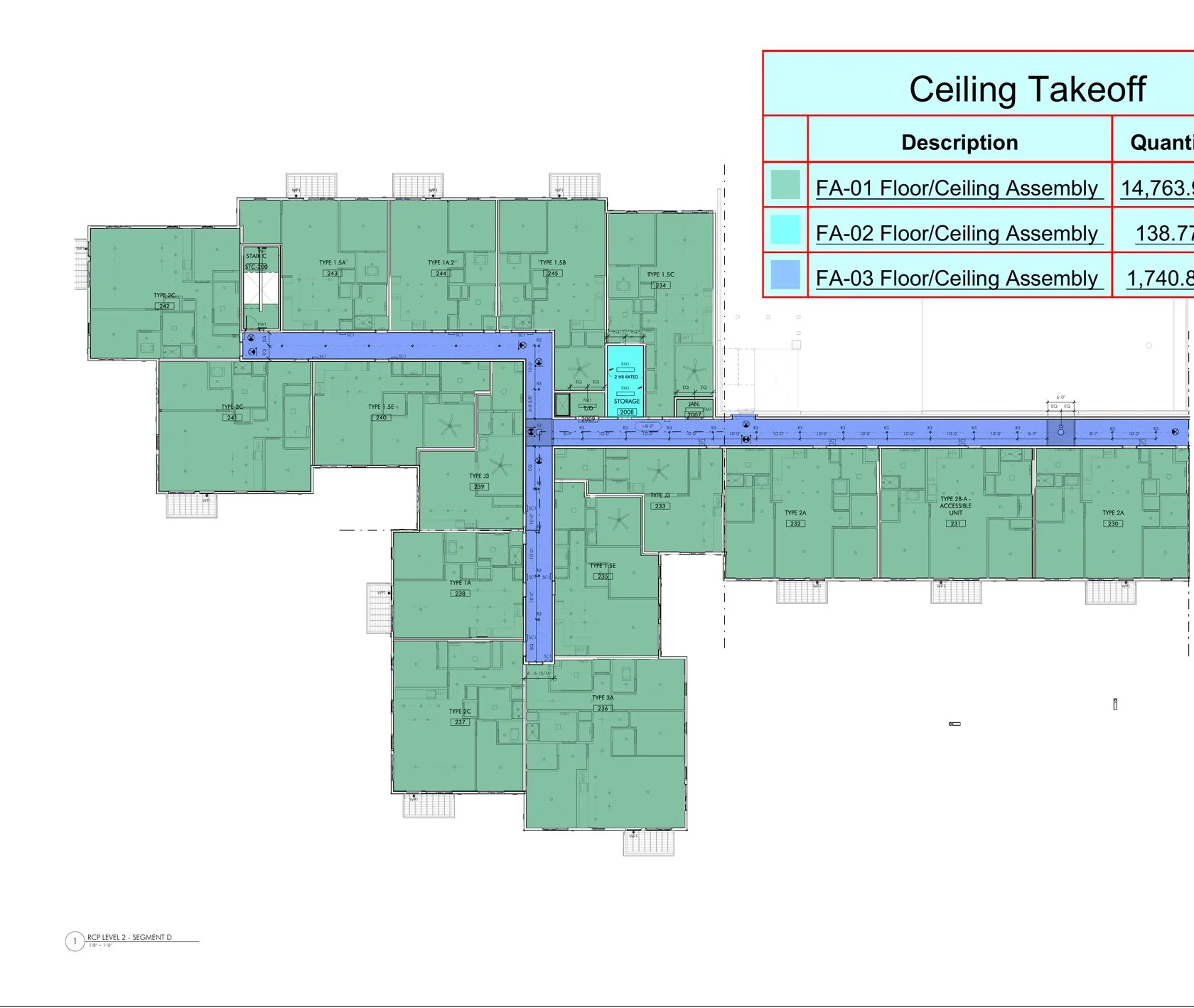 Real ceiling takeoff markup with color-coded rated assemblies and live quantity table