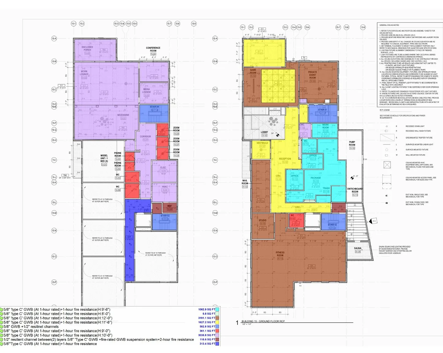 Reflected ceiling plan takeoff markup with gypsum ceiling assemblies color-coded by square foot