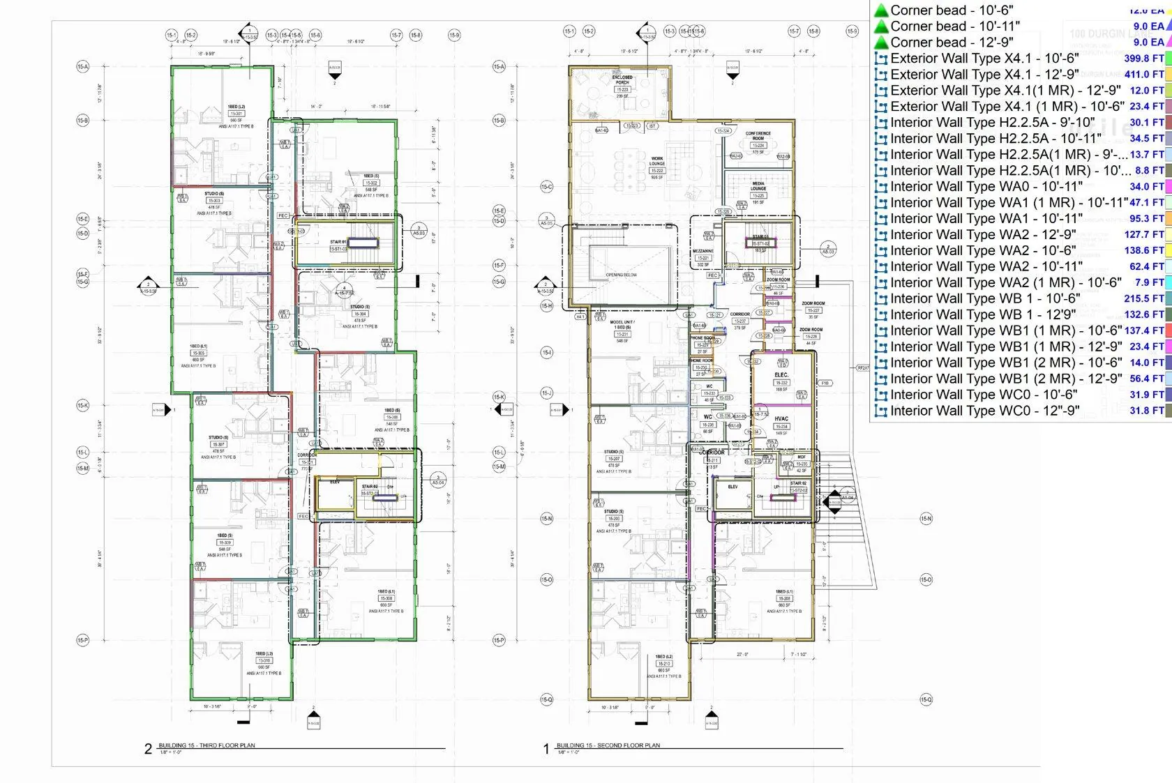Drywall takeoff markup with wall types traced by linear foot on a multifamily floor plan