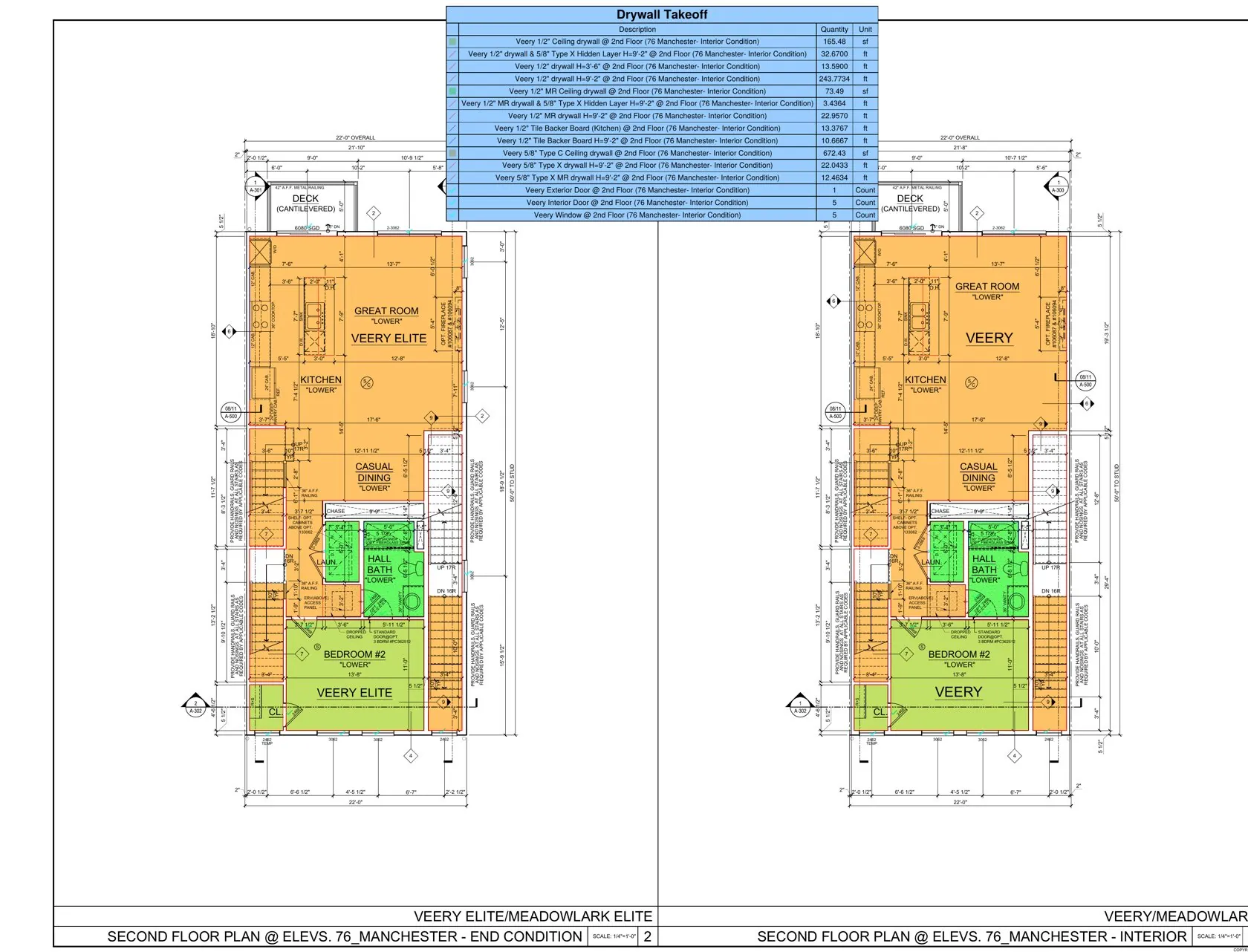 Unit-plan drywall takeoff markup for Toll Brothers Walpole MA townhomes with room-by-room quantities