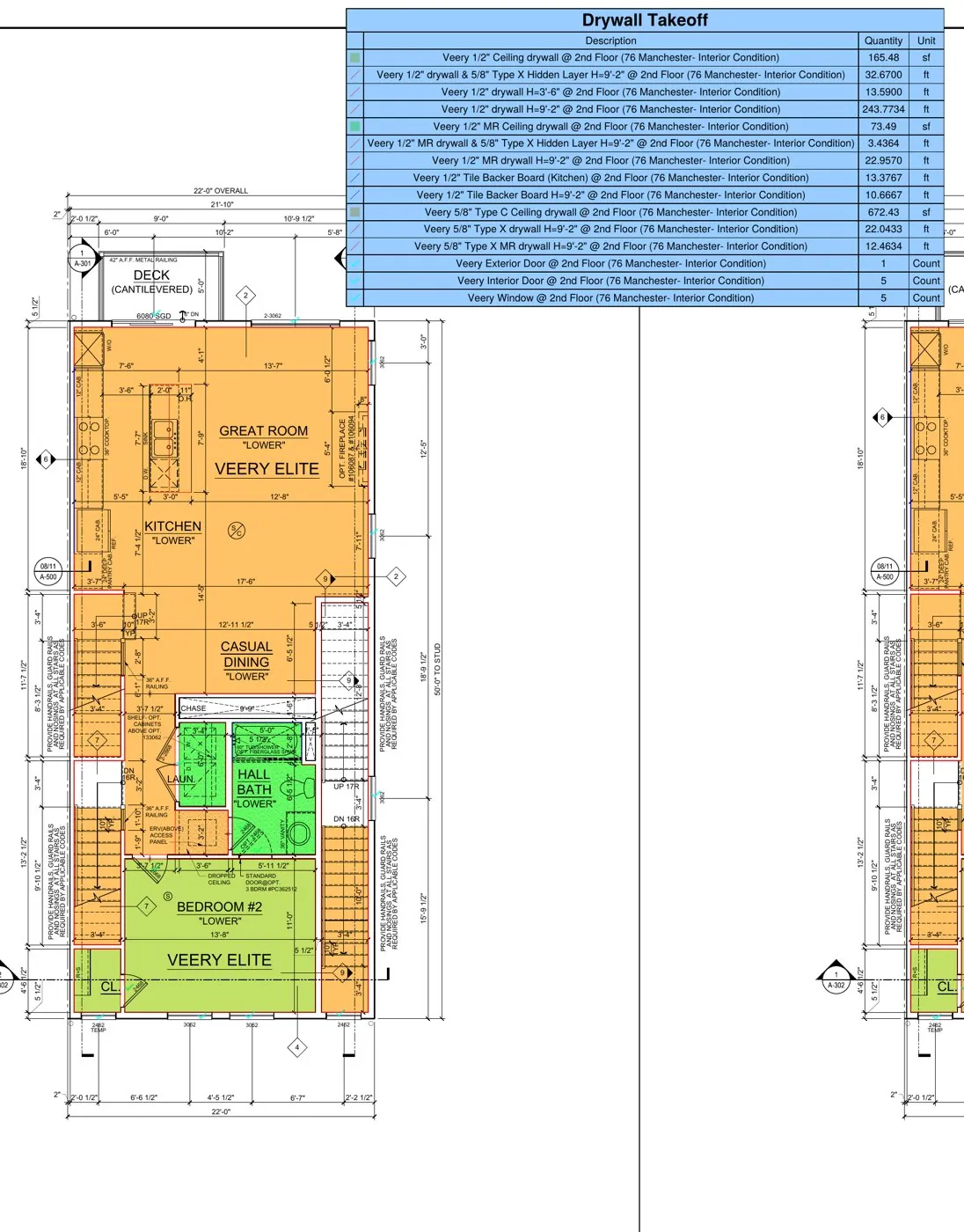 Room-by-room drywall takeoff on a Toll Brothers townhome unit plan: ceiling SF, wall board by condition, MR bo